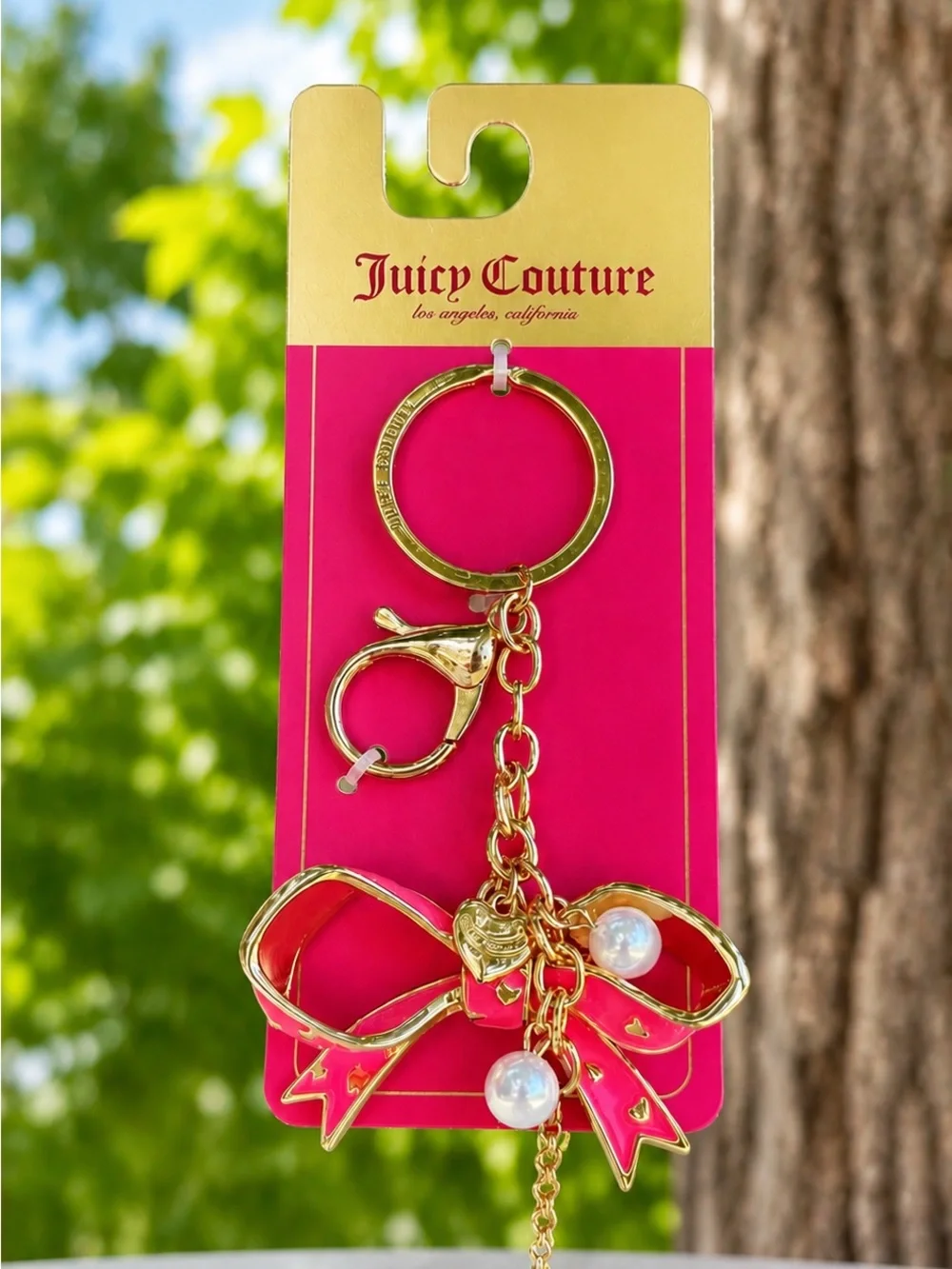 Juicy Couture Pink Bow Pearl Gold Tone Keychain Bag Charm NWT Y2K Cute